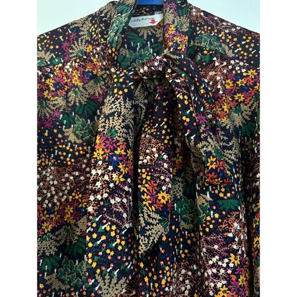 LADY ARROW Vintage 70s Polyester Floral Button Up Tie Bow Front Blouse Medium - Picture 6 of 6